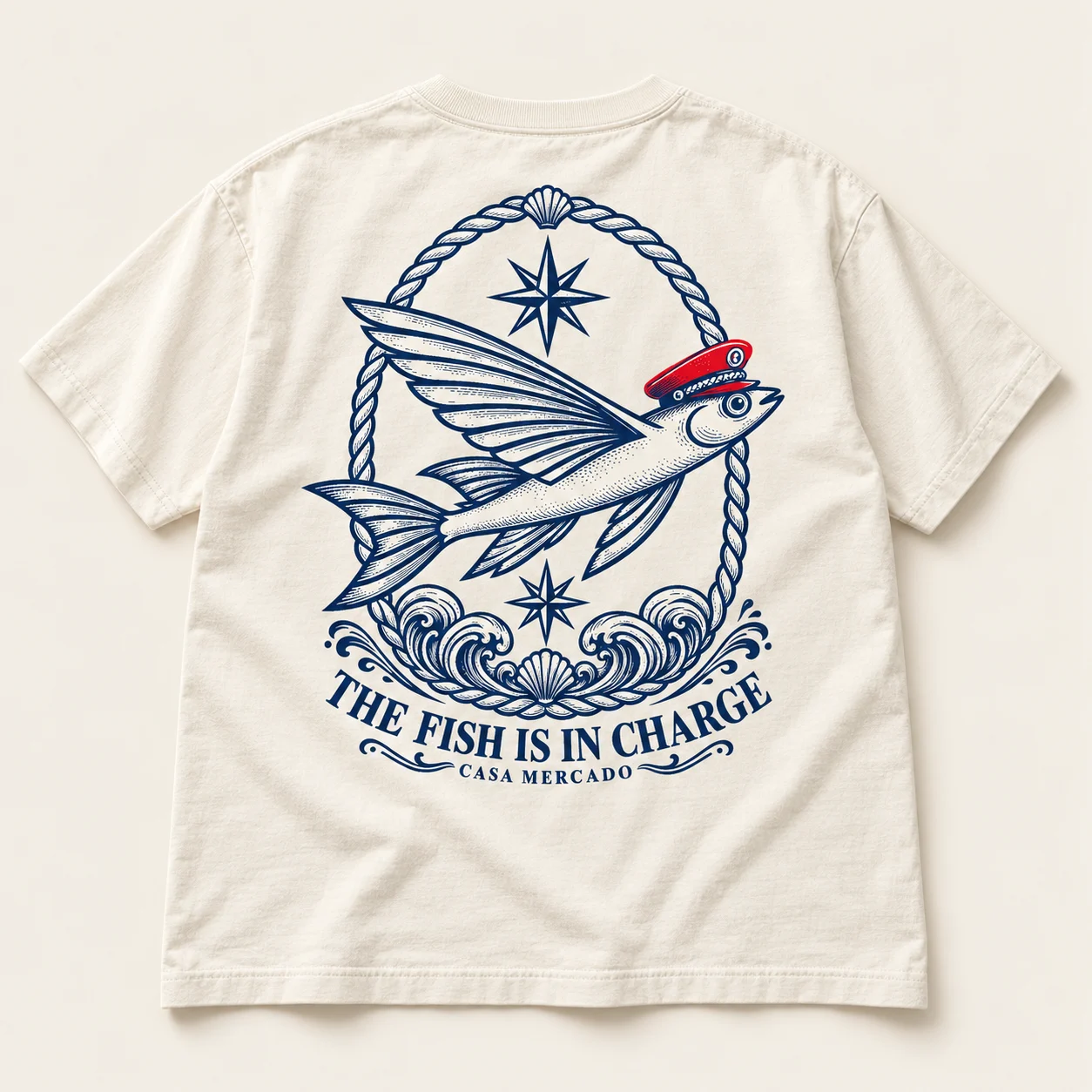 The Fish Is in Charge — Engraved tee, Ivory / navy / red