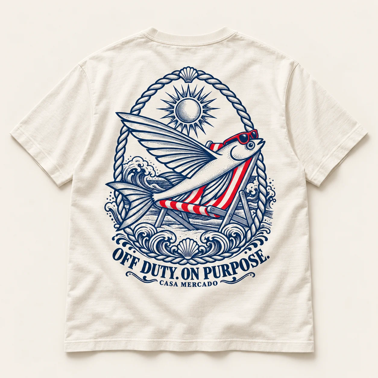 Off Duty. On Purpose. — Engraved tee, Ivory / navy / red