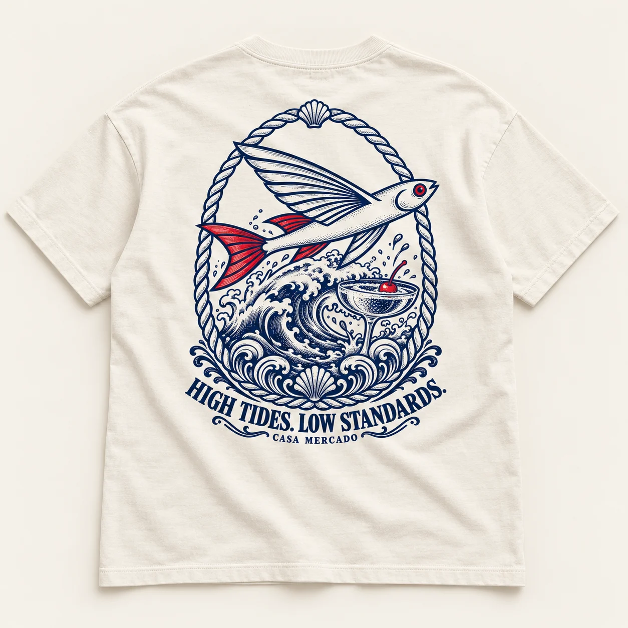 High Tides. Low Standards. — Engraved tee, Ivory / navy / red
