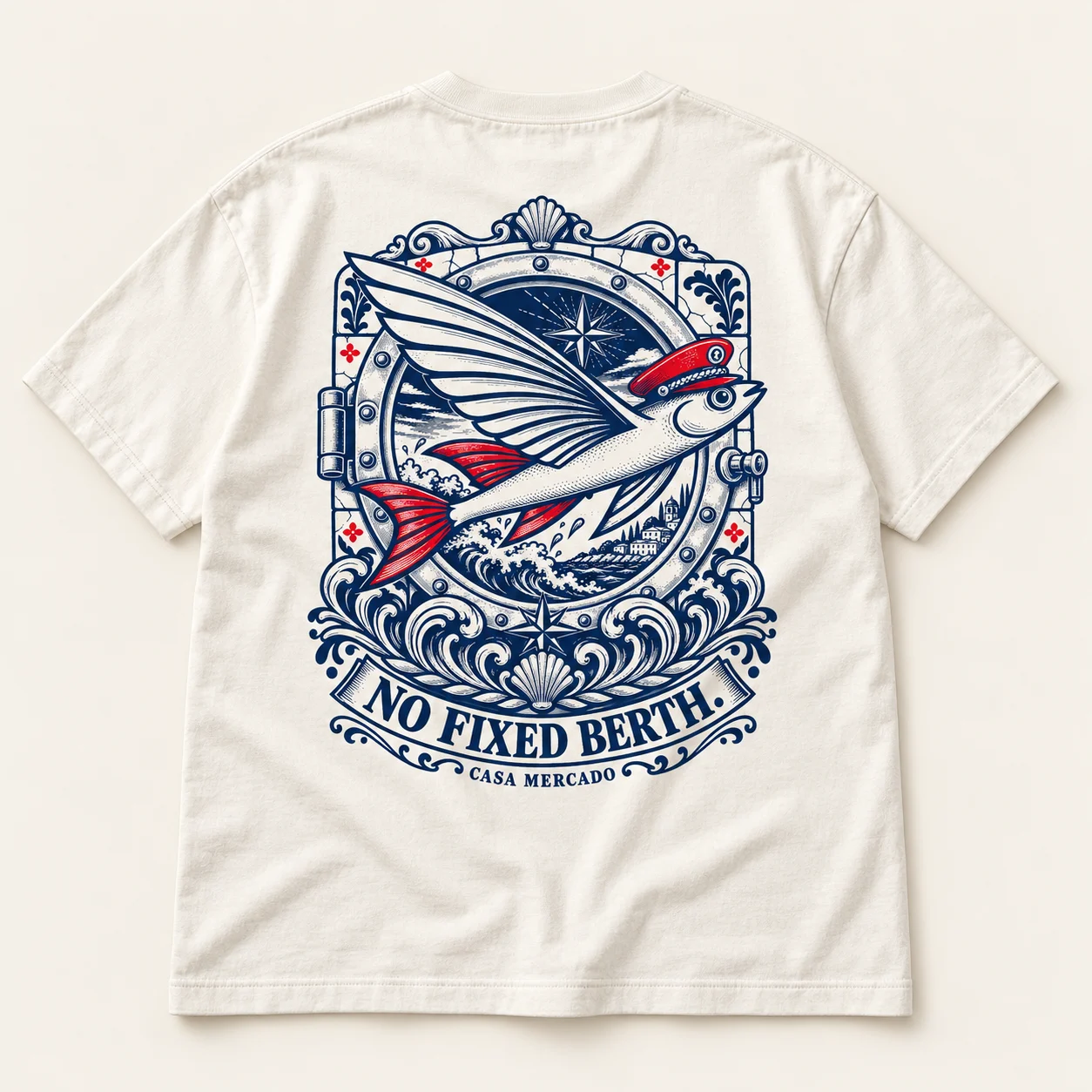 No Fixed Berth — Engraved tee, Ivory / navy / red