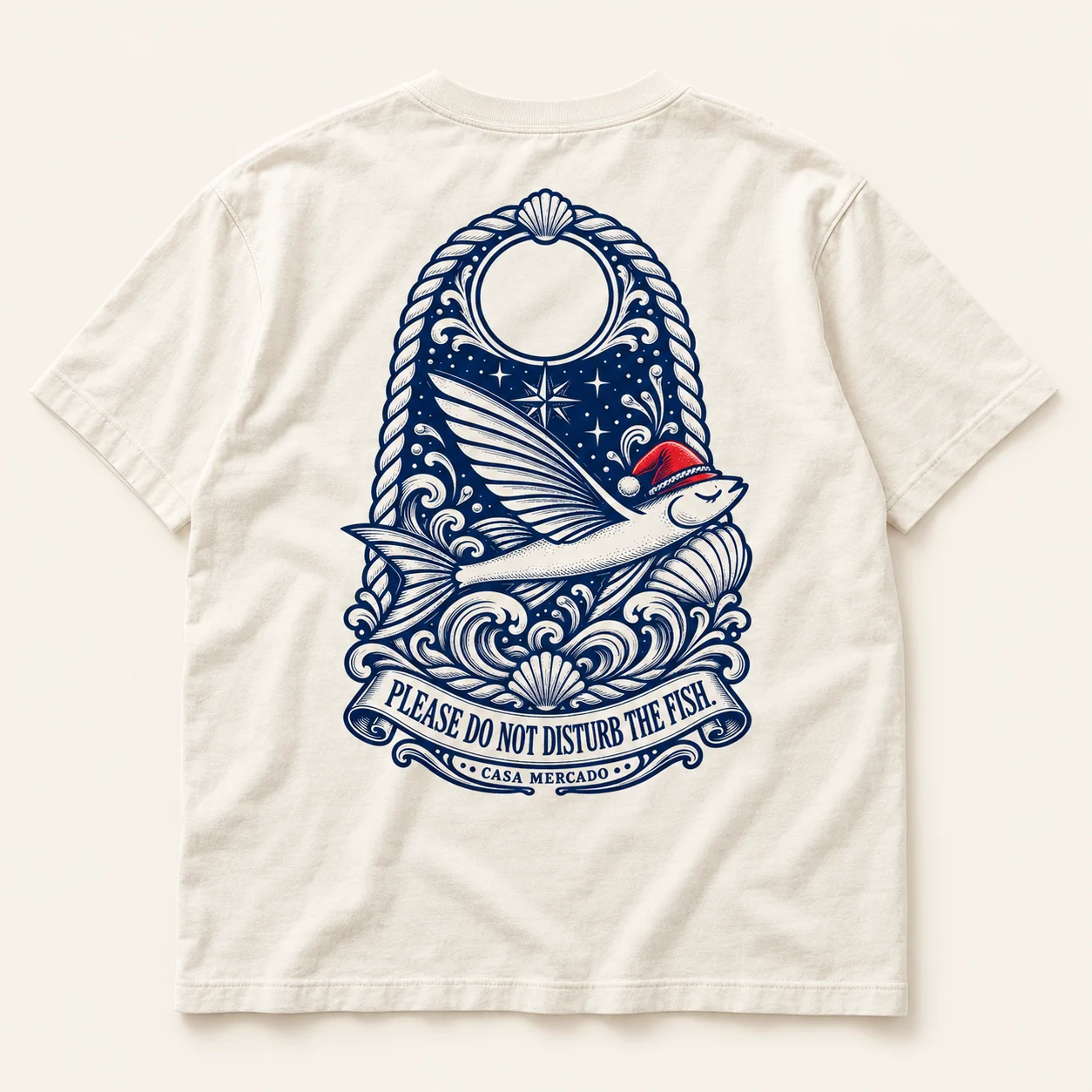 Do Not Disturb the Fish — Engraved tee, Ivory / navy / red