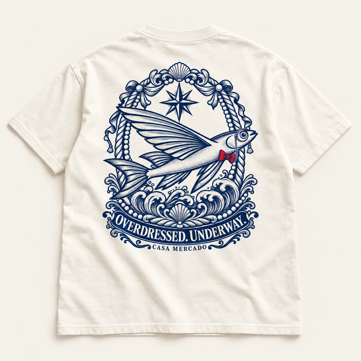 Overdressed. Underway. — Engraved tee, Ivory / navy / red