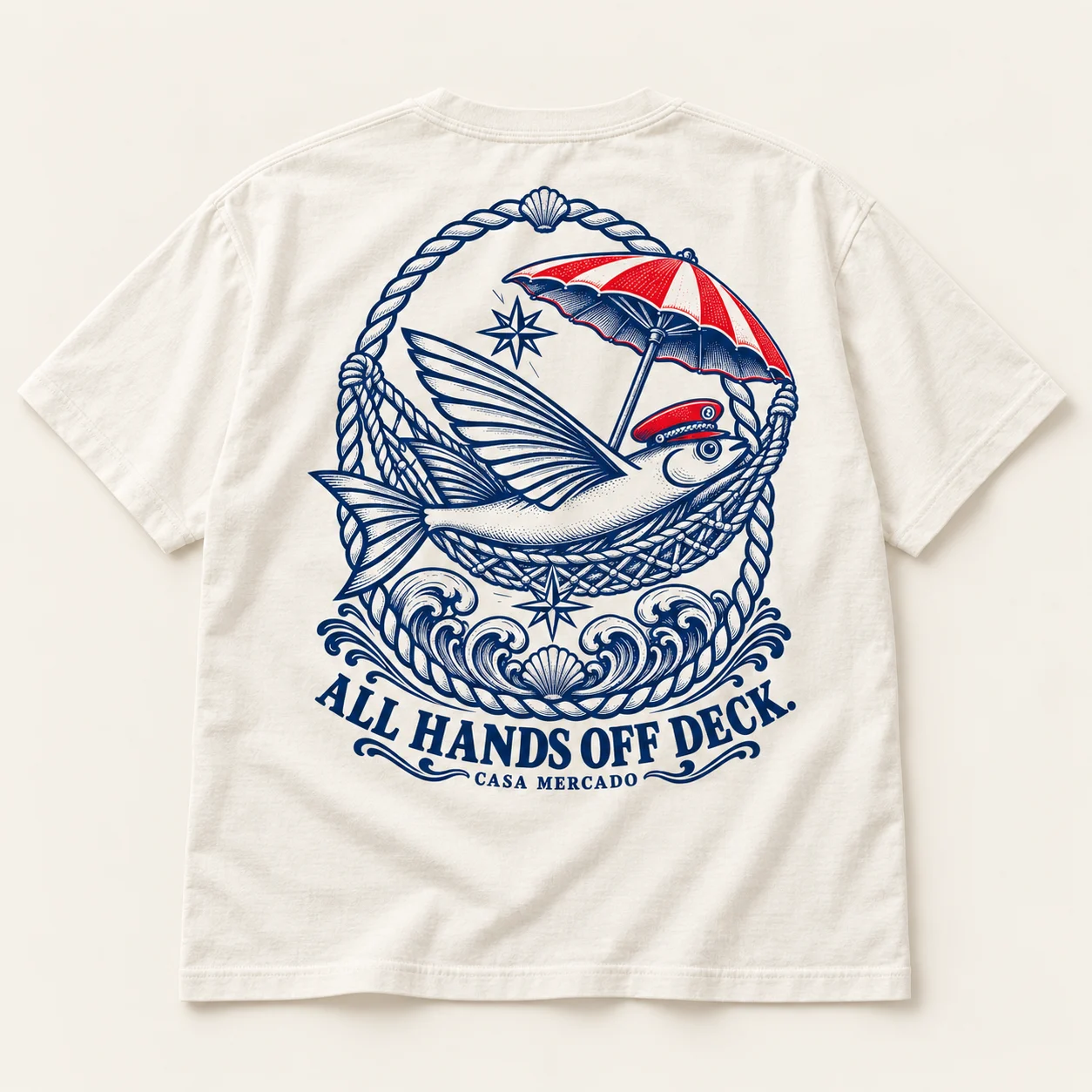 All Hands Off Deck! — Engraved tee, Ivory / navy / red
