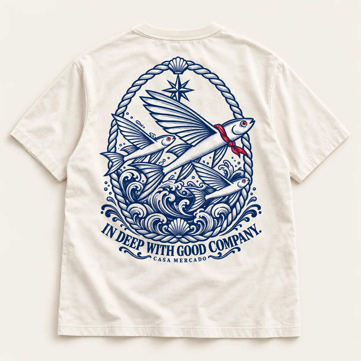 In Deep with Good Company — Engraved tee, Ivory / navy / red