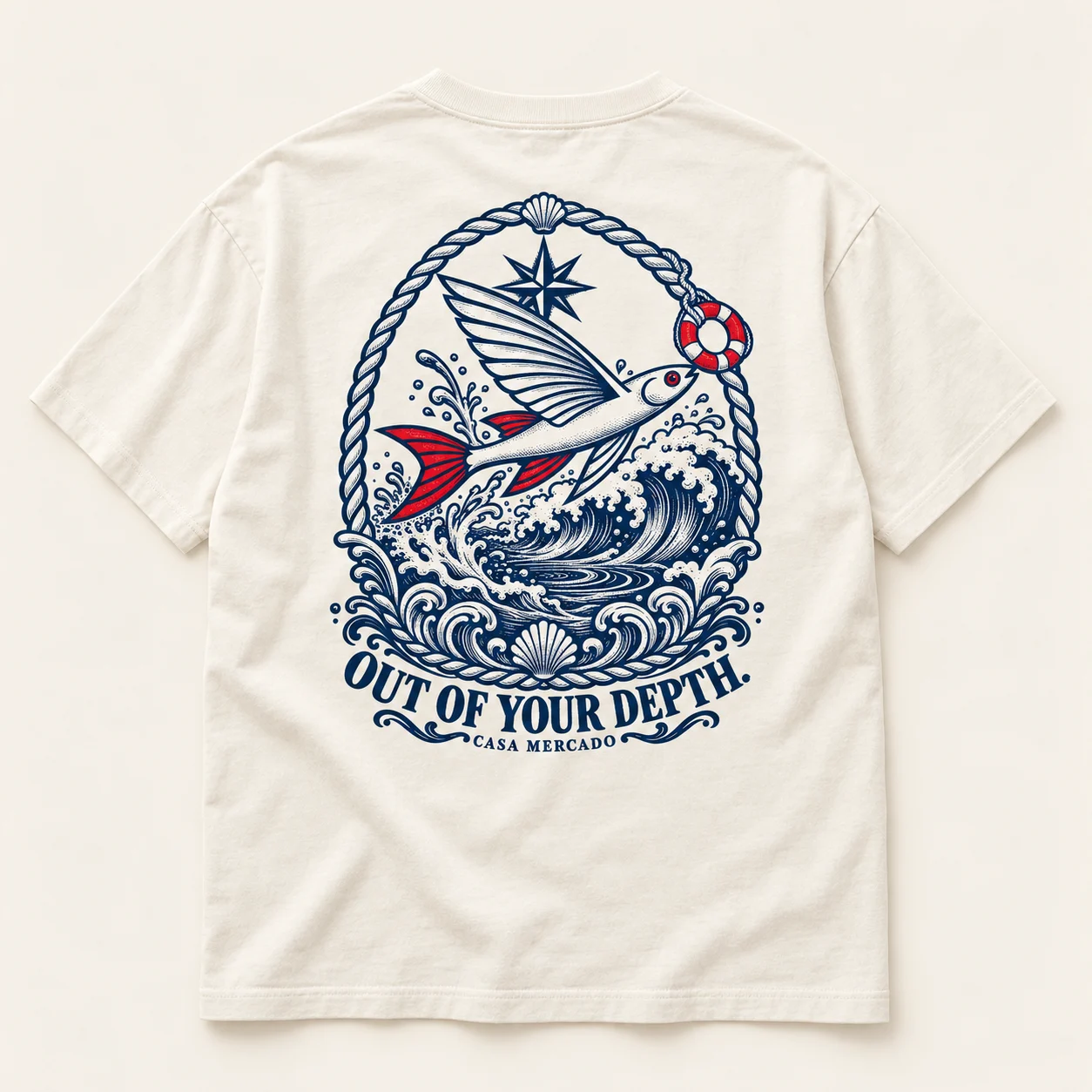Out of Your Depth! — Engraved tee, Ivory / navy / red