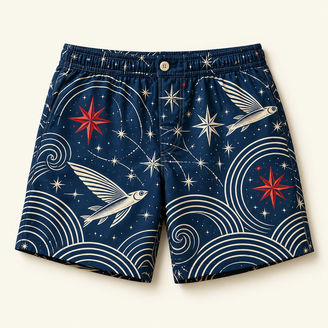 After the Tide — Printed swim shorts, Midnight / ivory / red