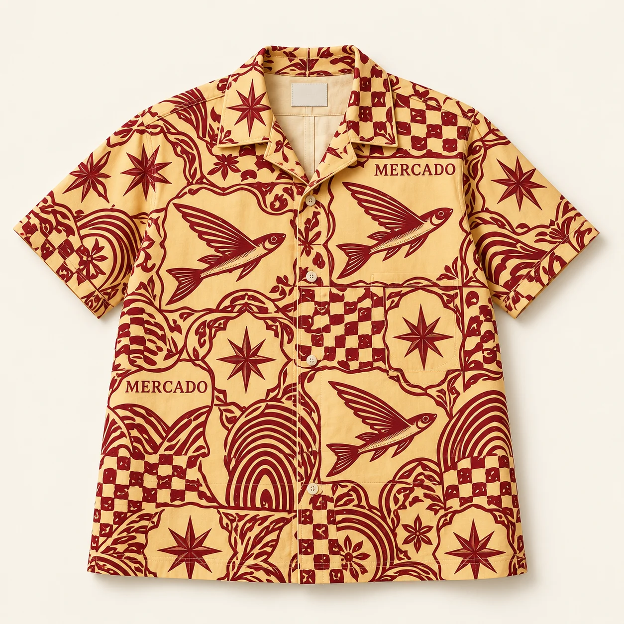 Fish Market — Printed camp shirt, Butter / oxblood