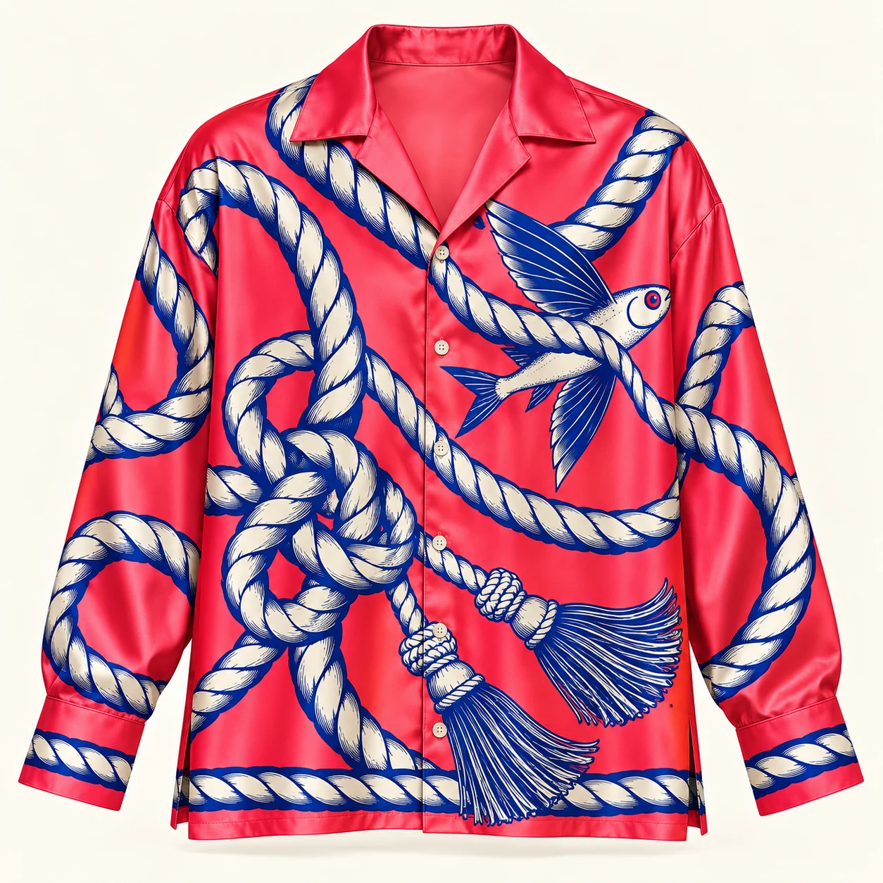 Loose Ends — Deep End silk lounge shirt, Hot coral / ivory / cobalt