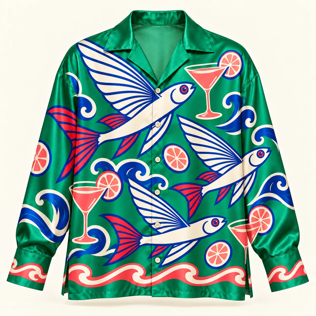 One More for the Fish — Deep End silk lounge shirt, Emerald / coral / ivory