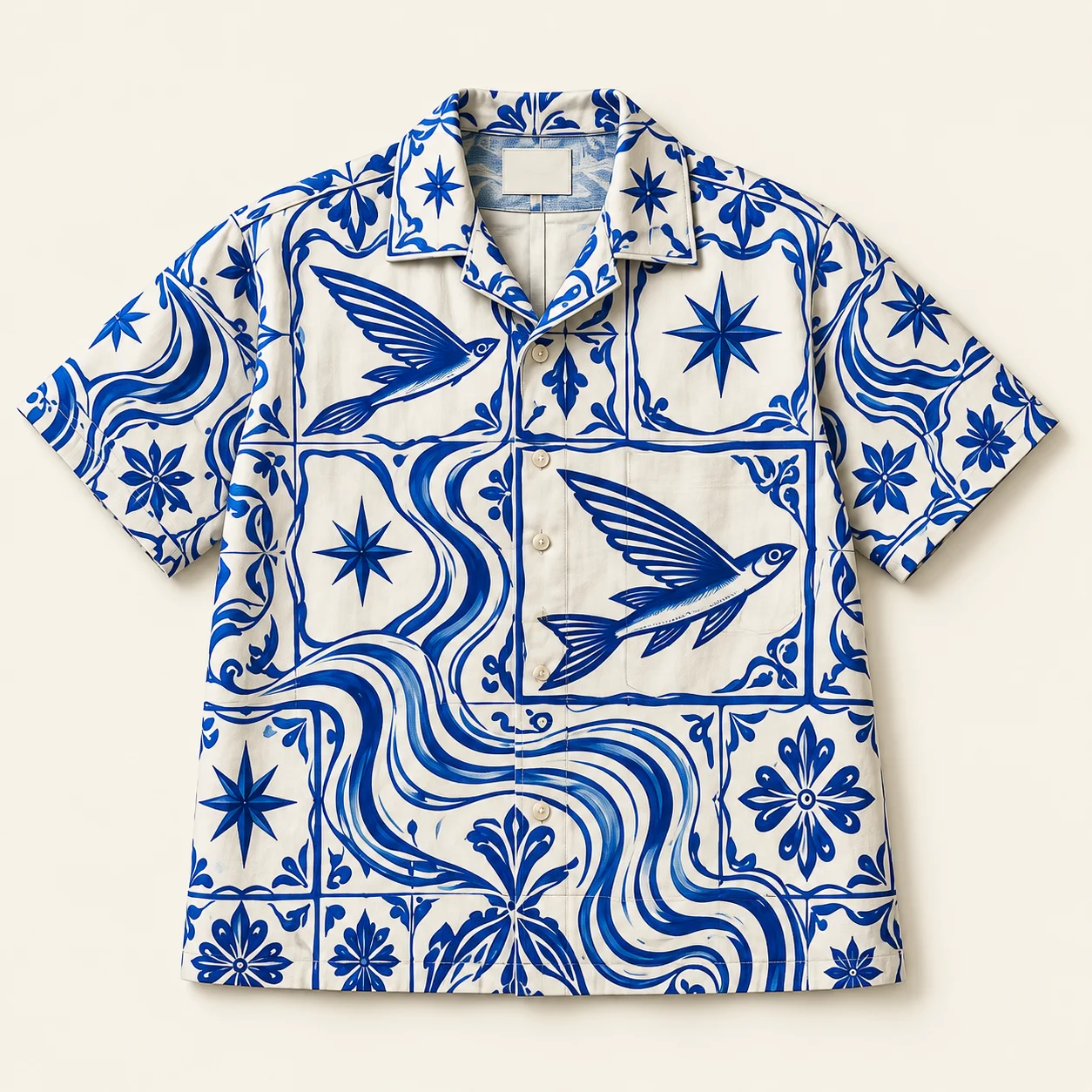 Porcelain Meltdown — Printed camp shirt, Cobalt / ivory