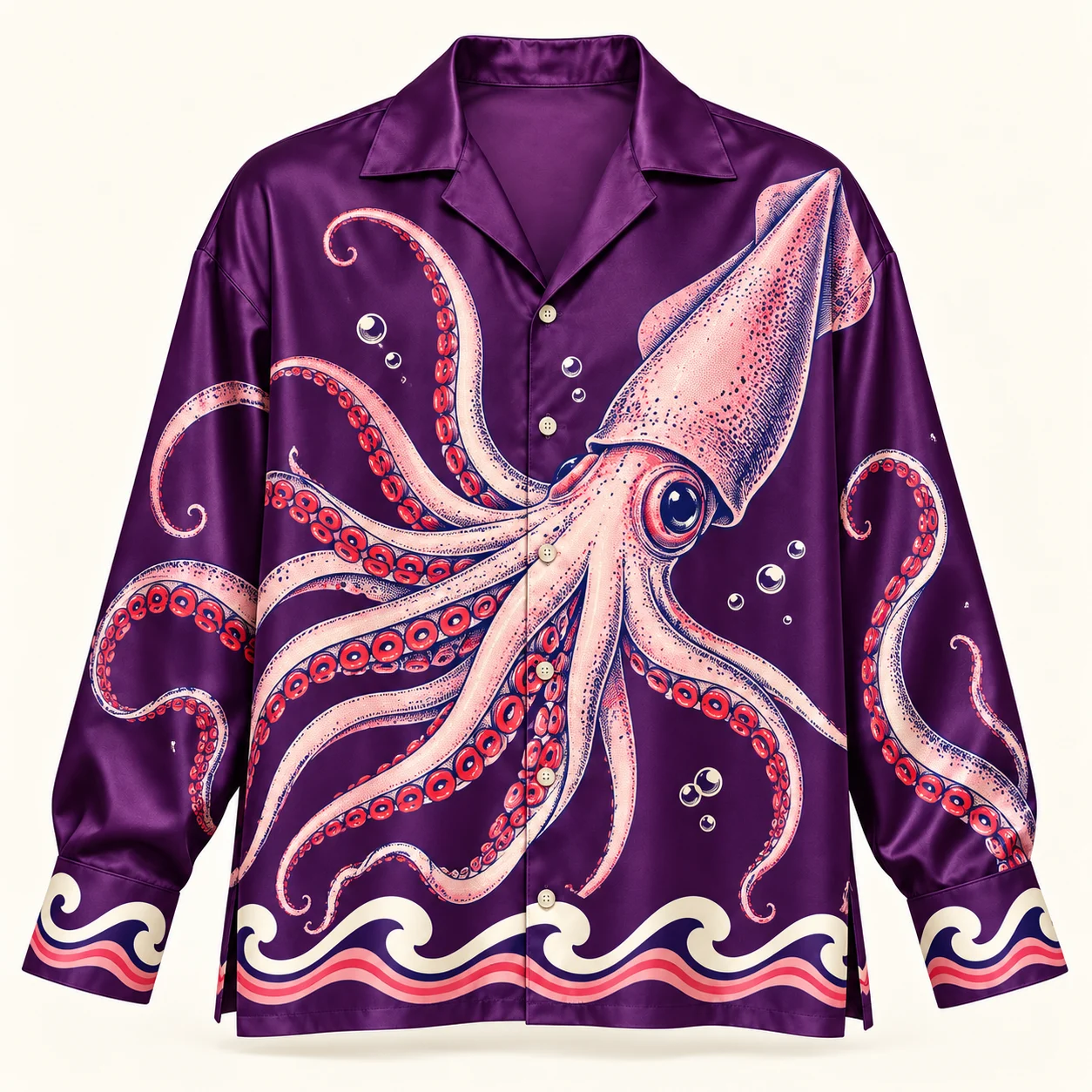 Squid Pro Quo — Deep End silk lounge shirt, Aubergine / pale pink / coral