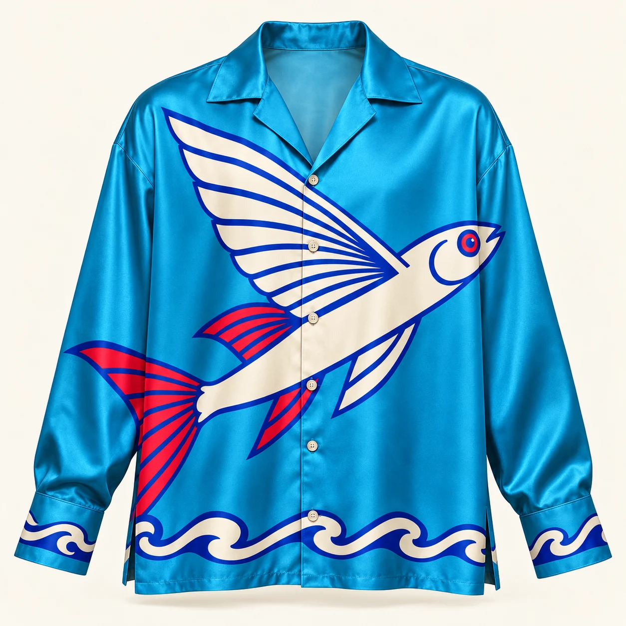 The Deep End — Oversized silk lounge shirt, Electric turquoise / cobalt / red