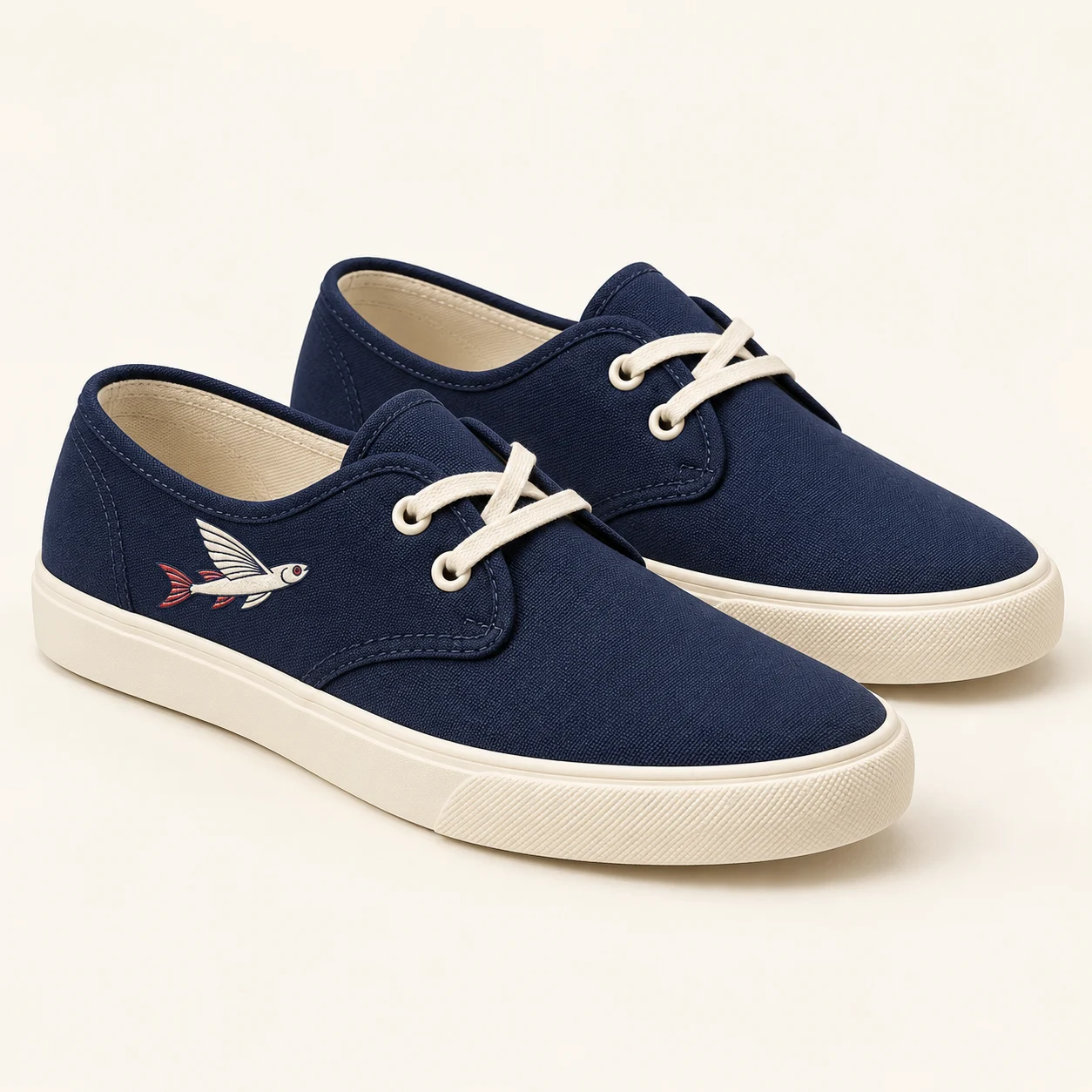 The Dock Shoe — Embroidered canvas deck shoe, Navy / ivory