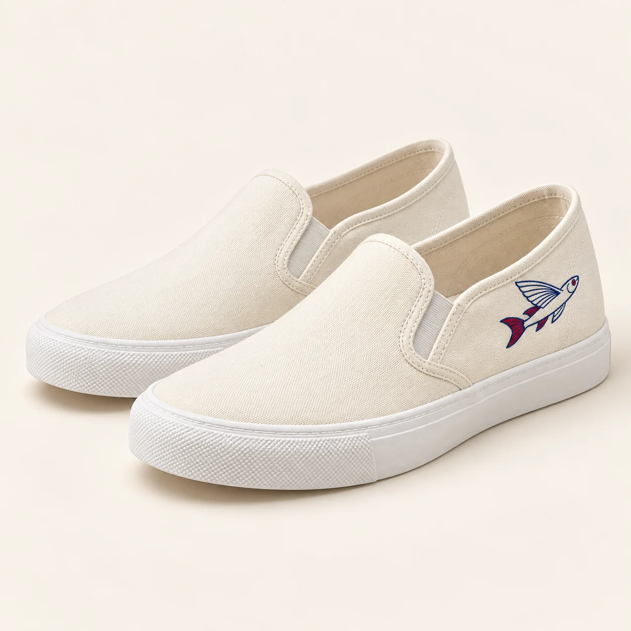 The Slip-On — Embroidered canvas slip-on, Ivory / navy