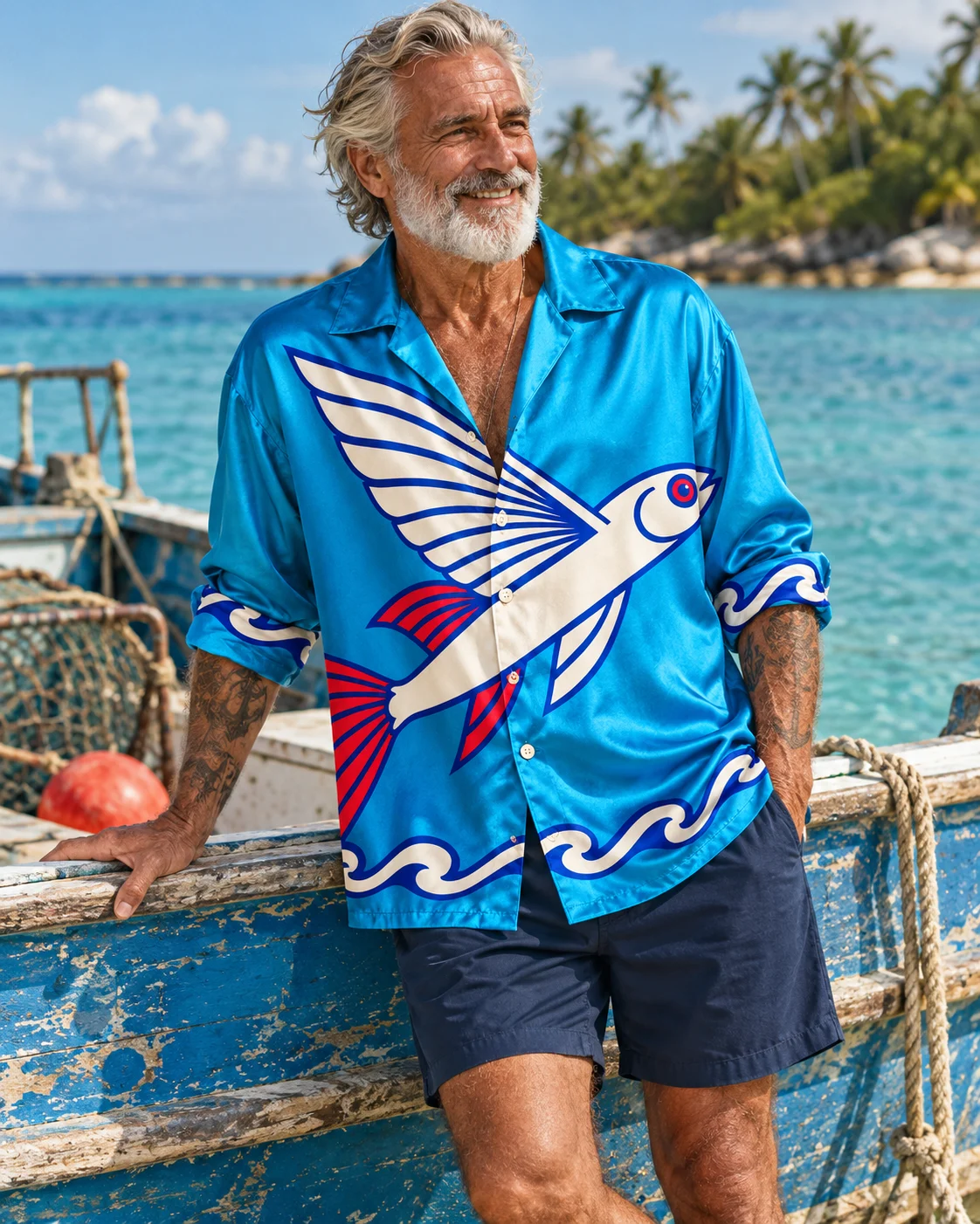 A silver-bearded man with tattooed forearms in The Deep End turquoise silk shirt on an old boat