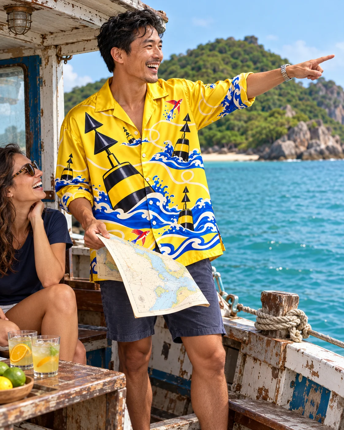 An adult East Asian man in the yellow Wrong Direction silk shirt pointing out an island while laughing with friends over a folded chart on a shabby boat