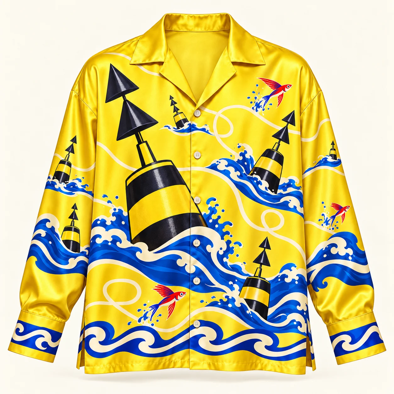 Wrong Direction — Deep End silk lounge shirt, Sunshine yellow / black / cobalt